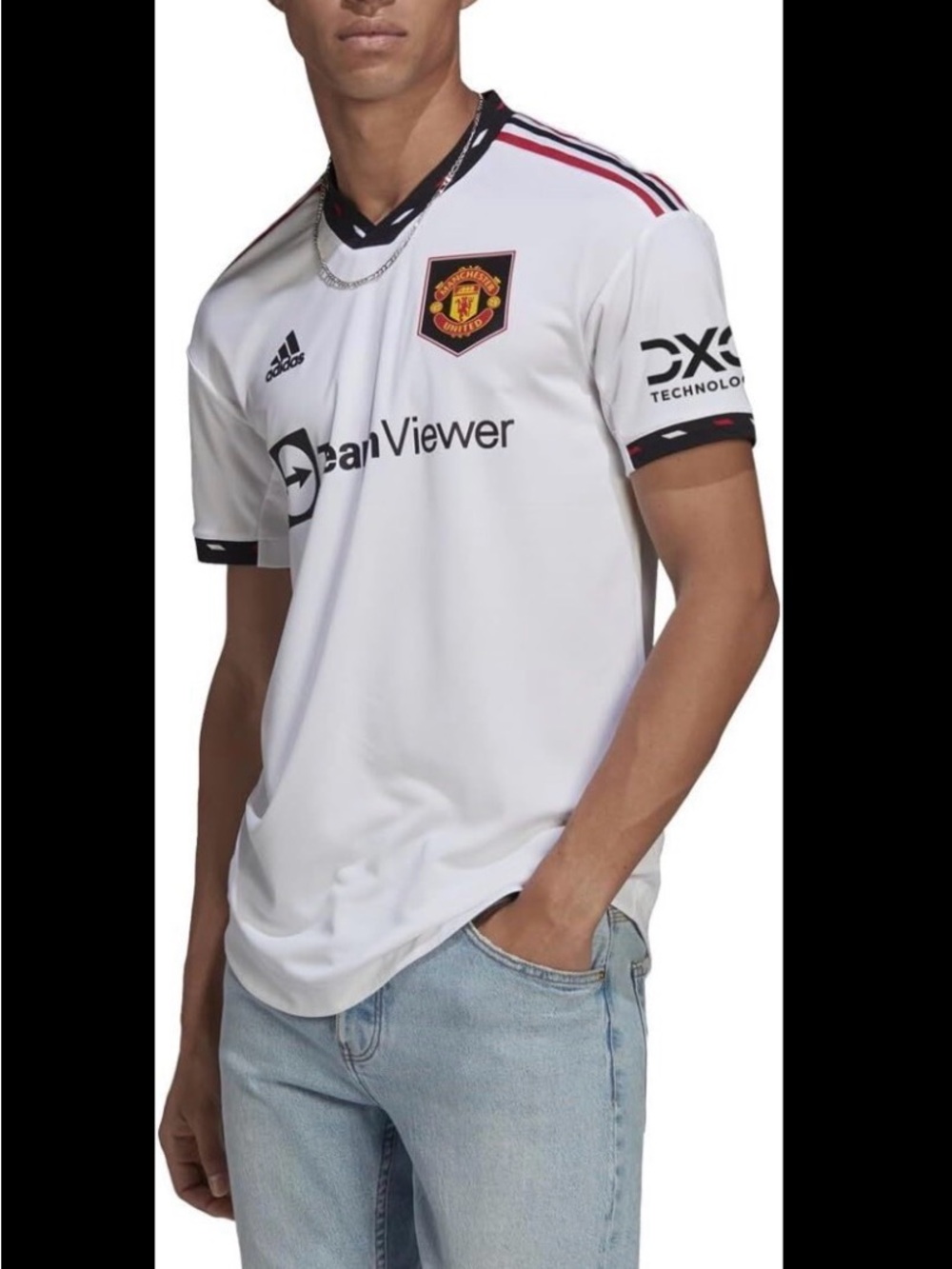 adidas Manchester United White Away Jersey with Black & Red Trim